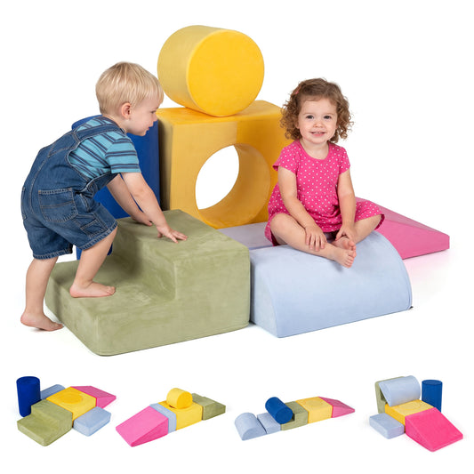 Yellow 7-piece foam toddler climbing blocks with detachable covers, ideal for indoor play for ages 1 to 3 years.