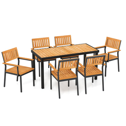7-Piece Outdoor Dining Set for 6 with Acacia Table & Armchairs and Umbrella Hole