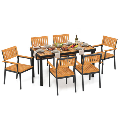 7-Piece Outdoor Dining Set for 6 with Acacia Table & Armchairs and Umbrella Hole