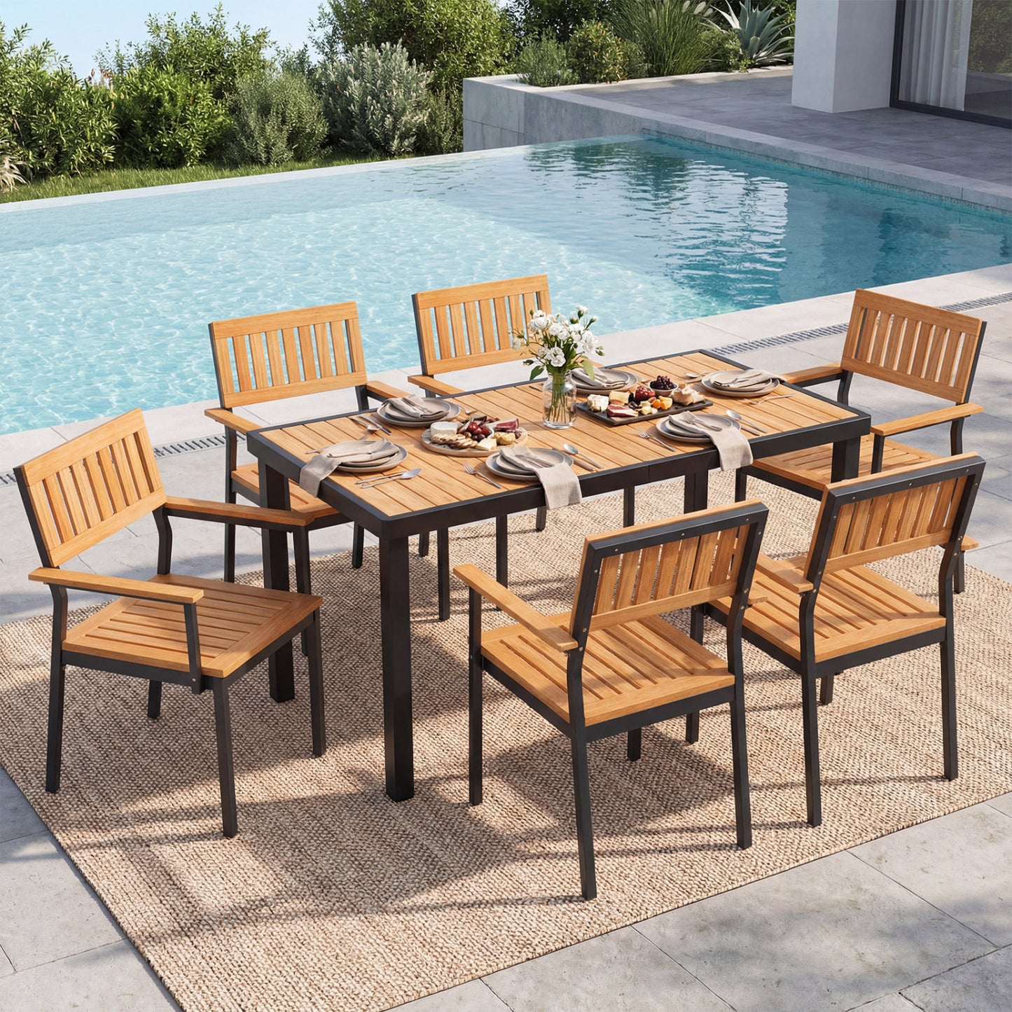 7-Piece Outdoor Dining Set for 6 with Acacia Table & Armchairs and Umbrella Hole