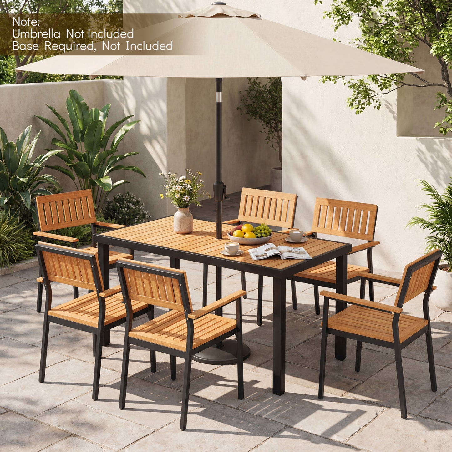 7-Piece Outdoor Dining Set for 6 with Acacia Table & Armchairs and Umbrella Hole