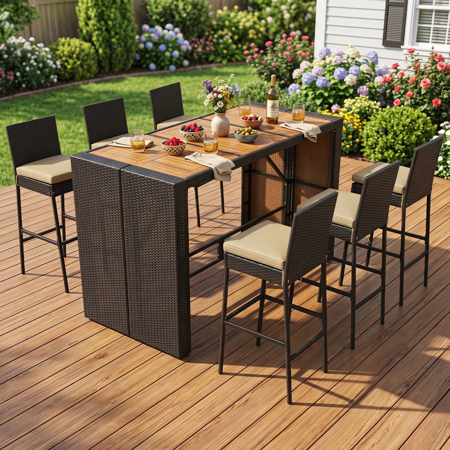 7-Piece Outdoor PE Wicker Bar Set with Bar Height Table and 6 Cushioned Stools for Yard-Brown