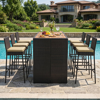 7-Piece Outdoor PE Wicker Bar Set with Bar Height Table and 6 Cushioned Stools for Yard-Brown
