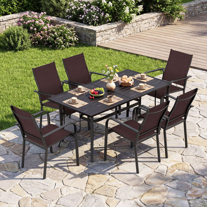7-Piece Patio Dining Set for 6 with Rectangle Metal Table and Stackable Breathable Mesh Armchairs-Black