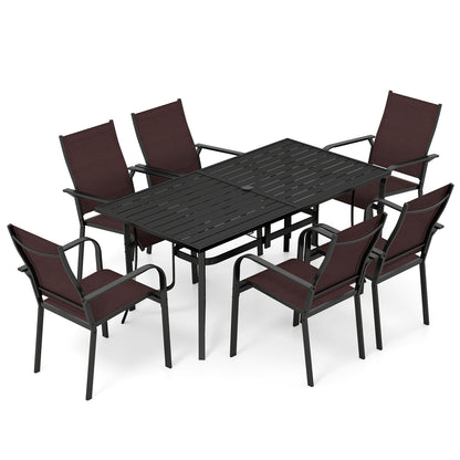 7-Piece Patio Dining Set for 6 with Rectangle Metal Table and Stackable Breathable Mesh Armchairs-Black