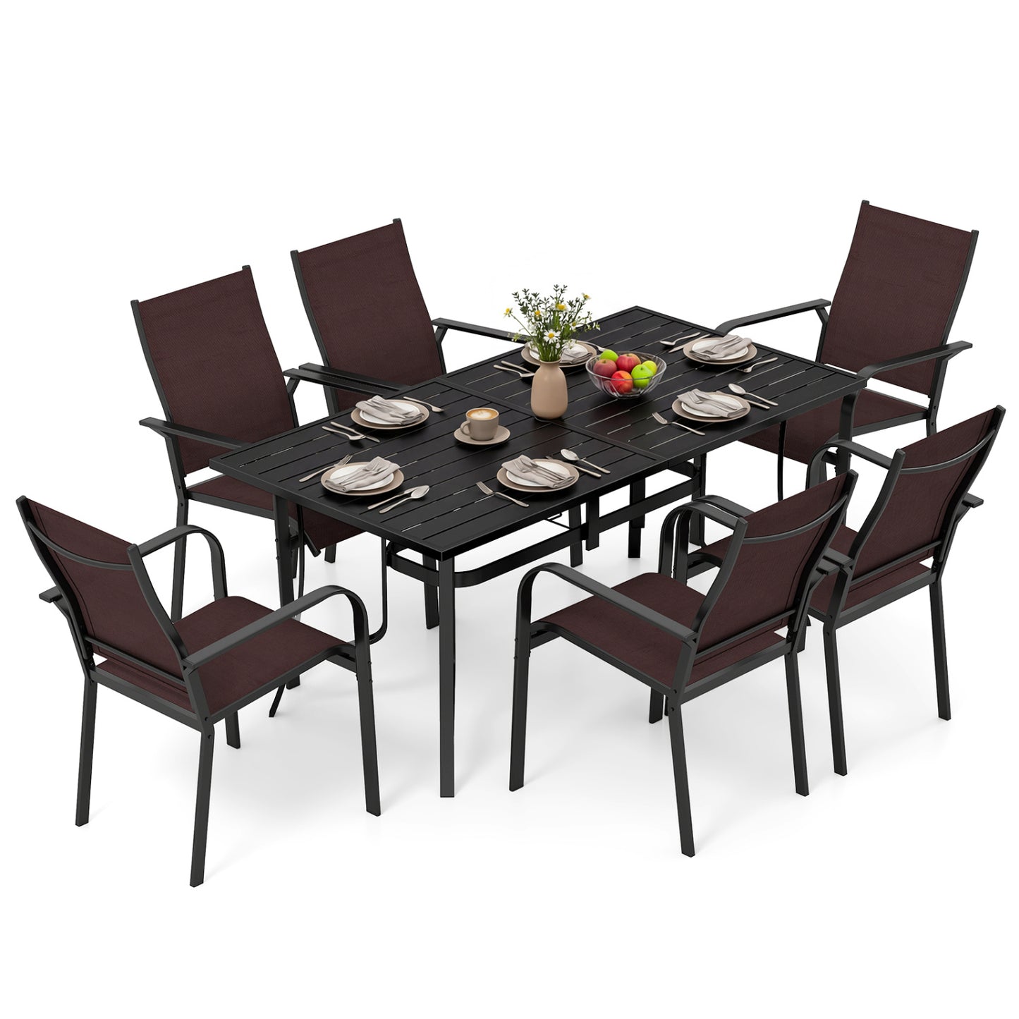 7-Piece Patio Dining Set for 6 with Rectangle Metal Table and Stackable Breathable Mesh Armchairs-Black