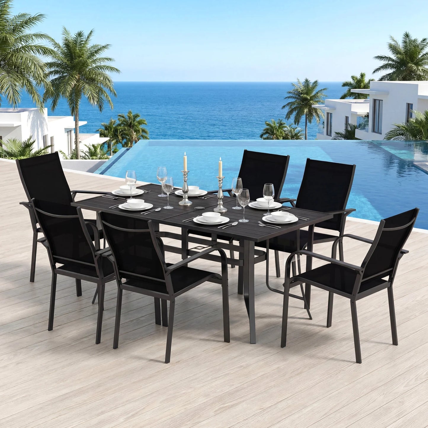 7-Piece Patio Dining Set for 6 with Rectangle Metal Table and Stackable Breathable Mesh Armchairs-Black
