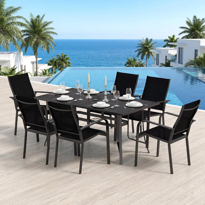 7-Piece Patio Dining Set for 6 with Rectangle Metal Table and Stackable Breathable Mesh Armchairs-Black