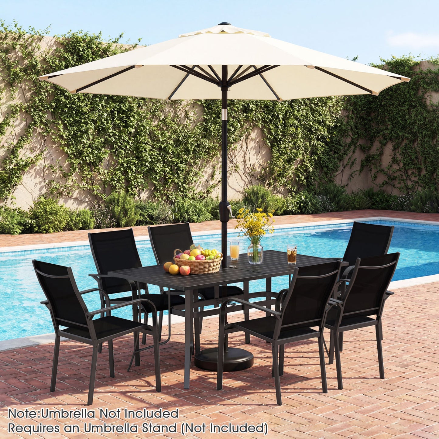 7-Piece Patio Dining Set for 6 with Rectangle Metal Table and Stackable Breathable Mesh Armchairs-Black