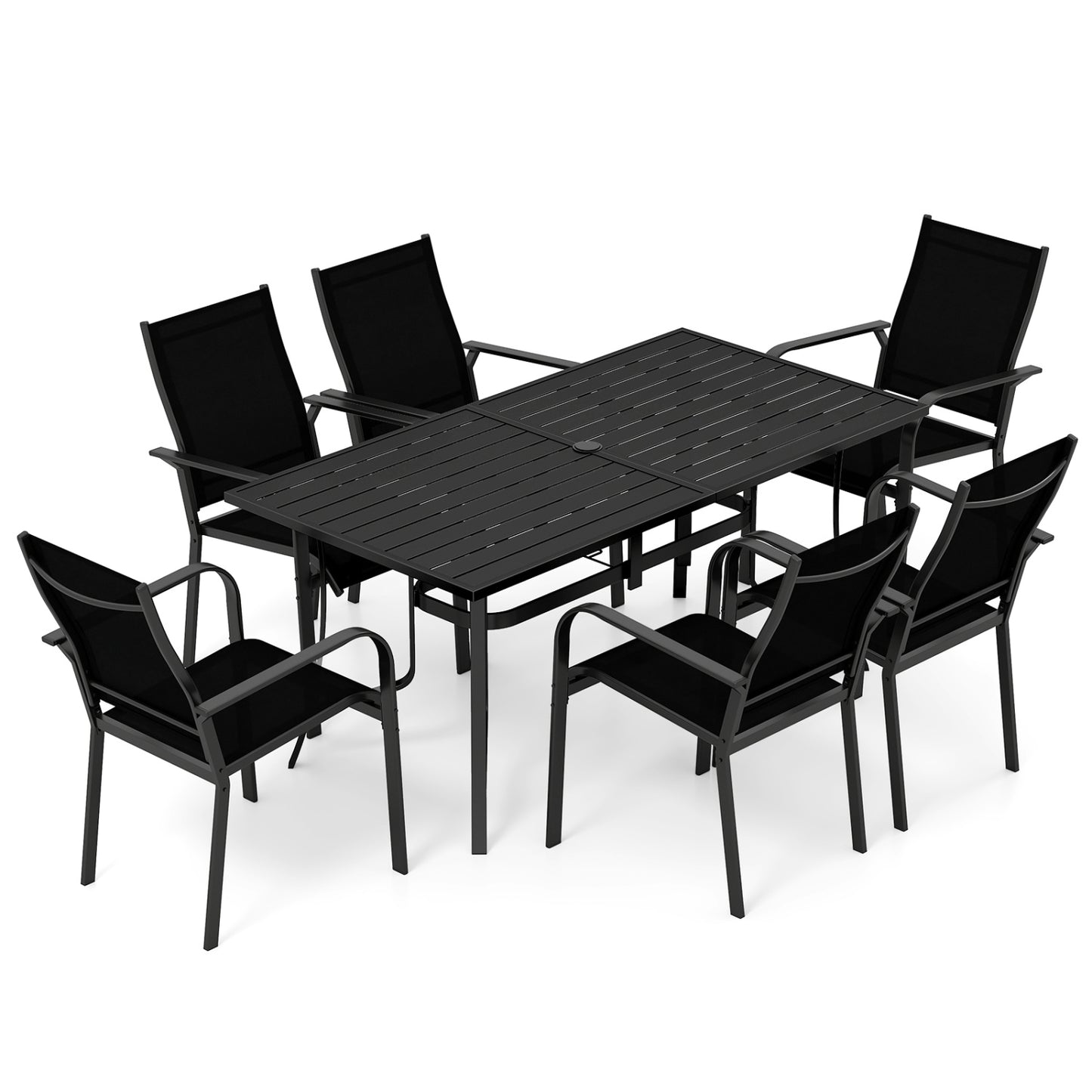 7-Piece Patio Dining Set for 6 with Rectangle Metal Table and Stackable Breathable Mesh Armchairs-Black