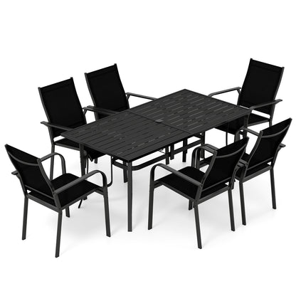 7-Piece Patio Dining Set for 6 with Rectangle Metal Table and Stackable Breathable Mesh Armchairs-Black