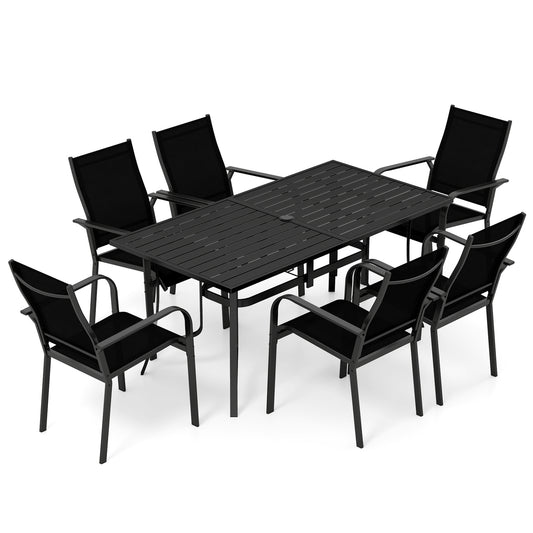 7-Piece Patio Dining Set for 6 with Rectangle Metal Table and Stackable Breathable Mesh Armchairs-Black