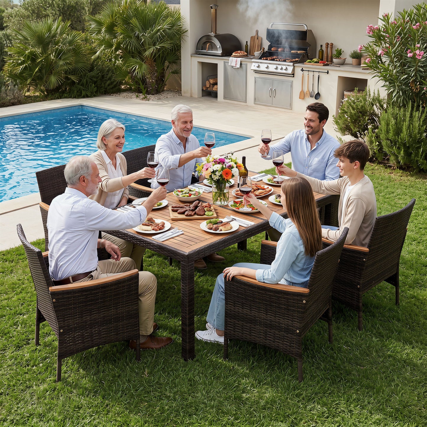 7-piece outdoor patio dining set with a wood tabletop and padded cushions in brown, ideal for backyard outdoor furniture.