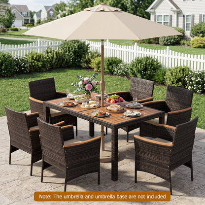 Seven-piece patio dining set with wood tabletop and padded cushions, outdoor backyard furniture in brown from Wilsons Home Store.
