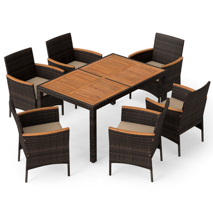 7-piece patio dining set with brown wood tabletop and padded cushions, outdoor patio furniture by Wilsons Home Store