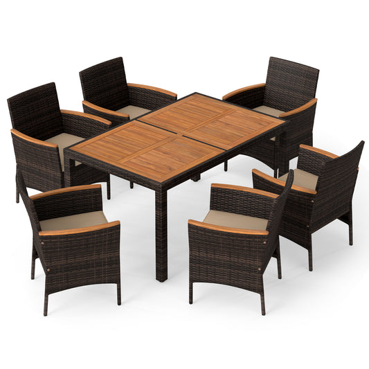 7-piece patio dining set with brown wood tabletop and padded cushions, outdoor patio furniture by Wilsons Home Store