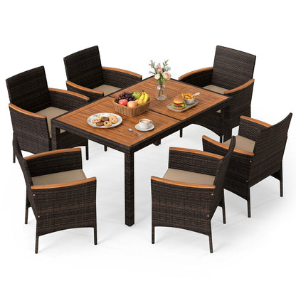 Brown 7-piece patio dining set with wood tabletop and padded cushions for outdoor backyard dining, by Direct by Wilsons Home Store.