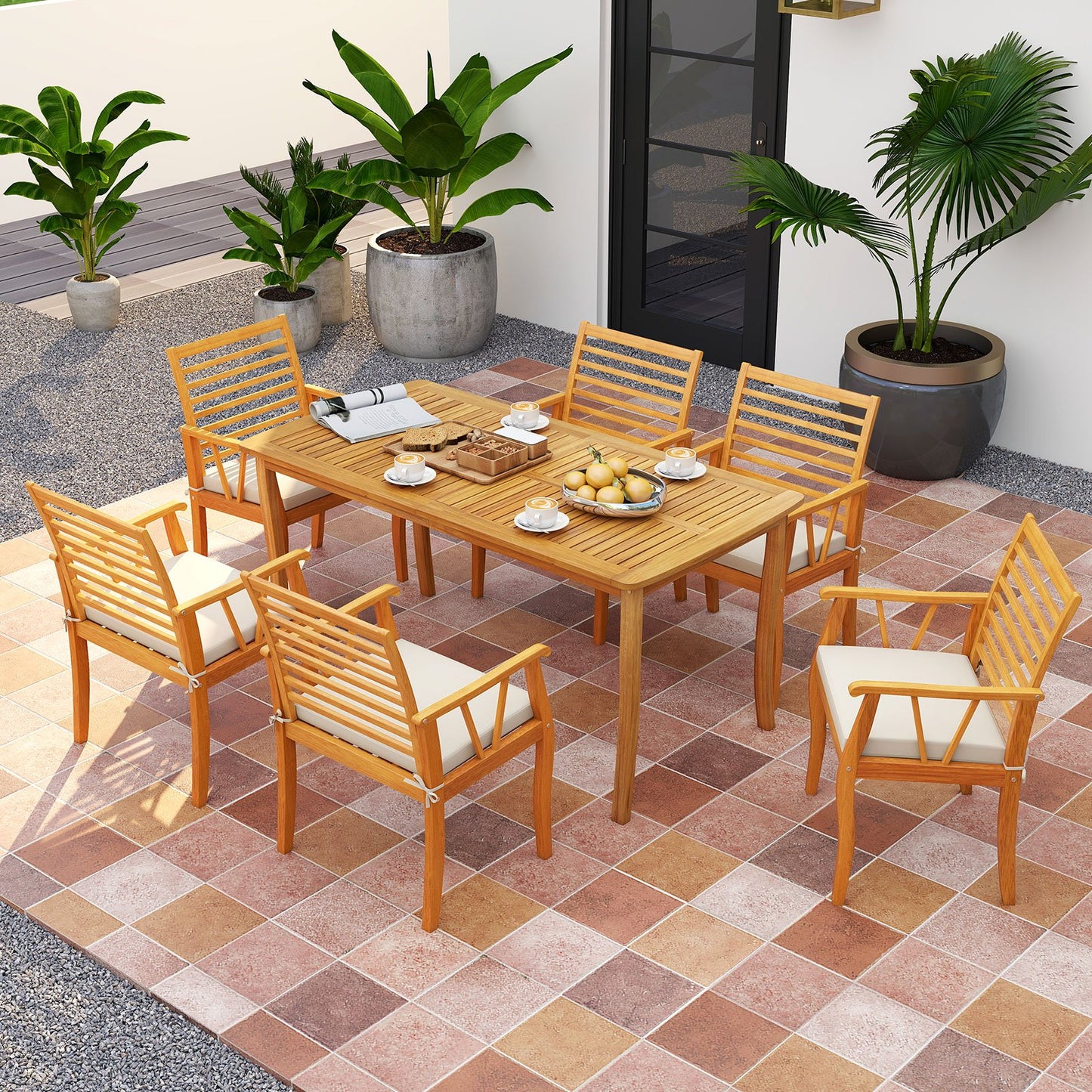 7 Pieces Acacia Wood Patio Dining Set with 1.97 Inch Umbrella Hole and Padded Cushions