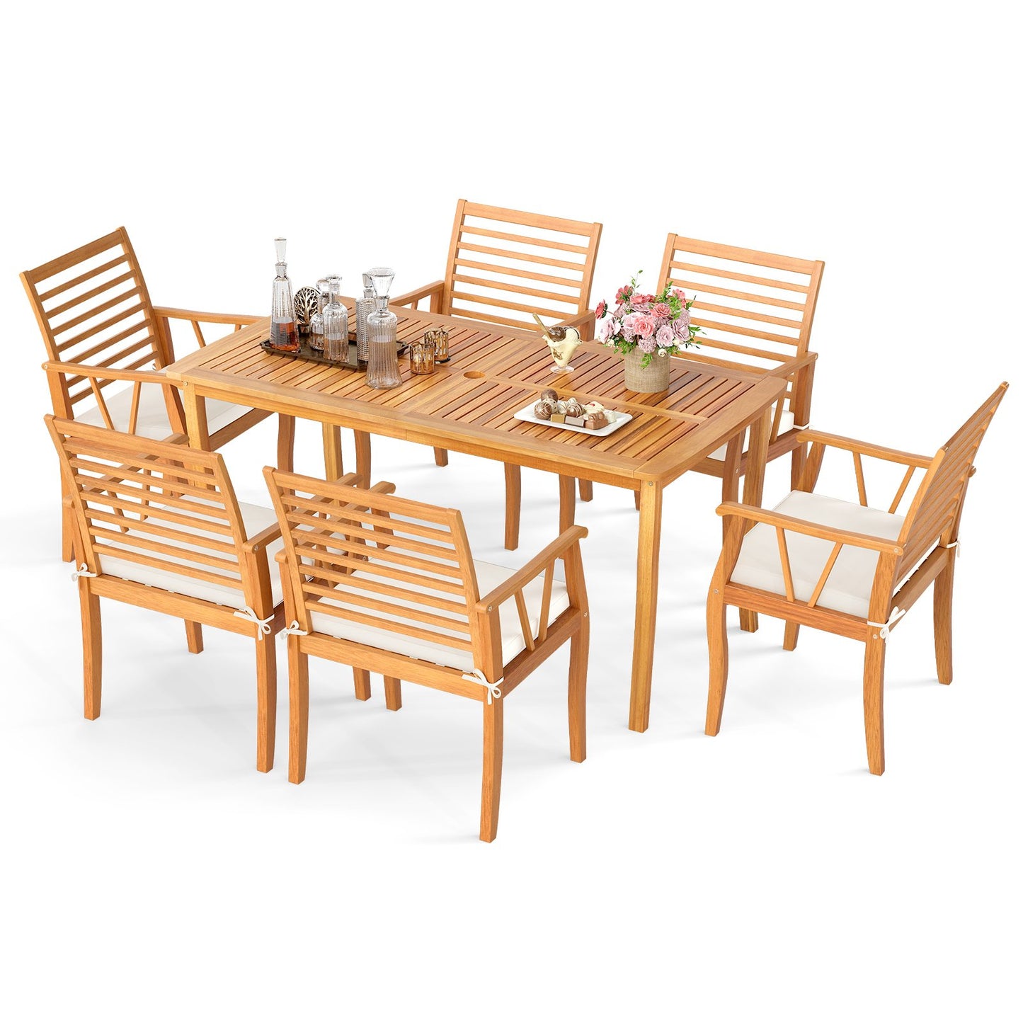 7 Pieces Acacia Wood Patio Dining Set with 1.97 Inch Umbrella Hole and Padded Cushions