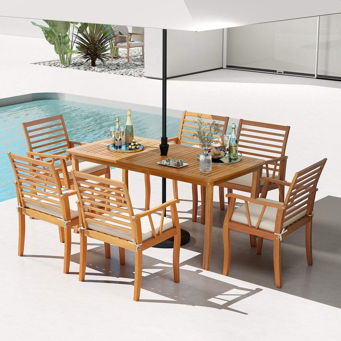 7 Pieces Acacia Wood Patio Dining Set with 1.97 Inch Umbrella Hole and Padded Cushions