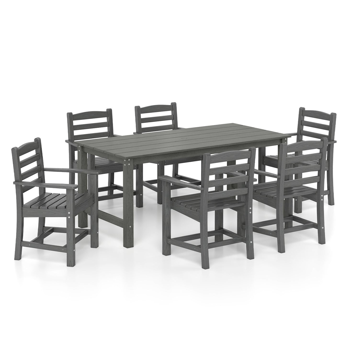 Gray 7-piece outdoor dining table set with a 67-inch rectangle HDPE patio table and six armchairs for outdoor dining.
