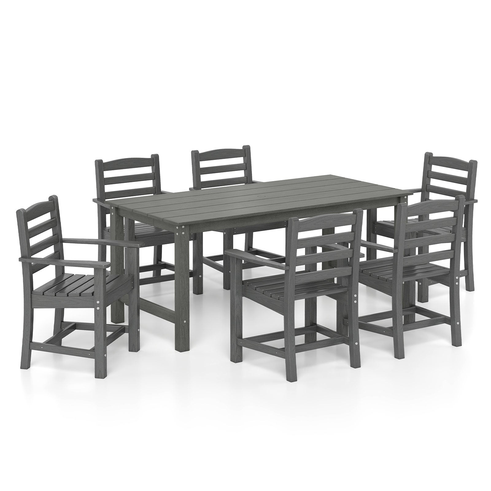 Gray 7-piece outdoor dining table set with a 67-inch rectangle HDPE patio table and six armchairs for outdoor dining.