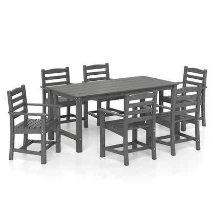 Gray 7-piece outdoor dining table set with a 67-inch rectangle HDPE patio table and six armchairs for outdoor dining.