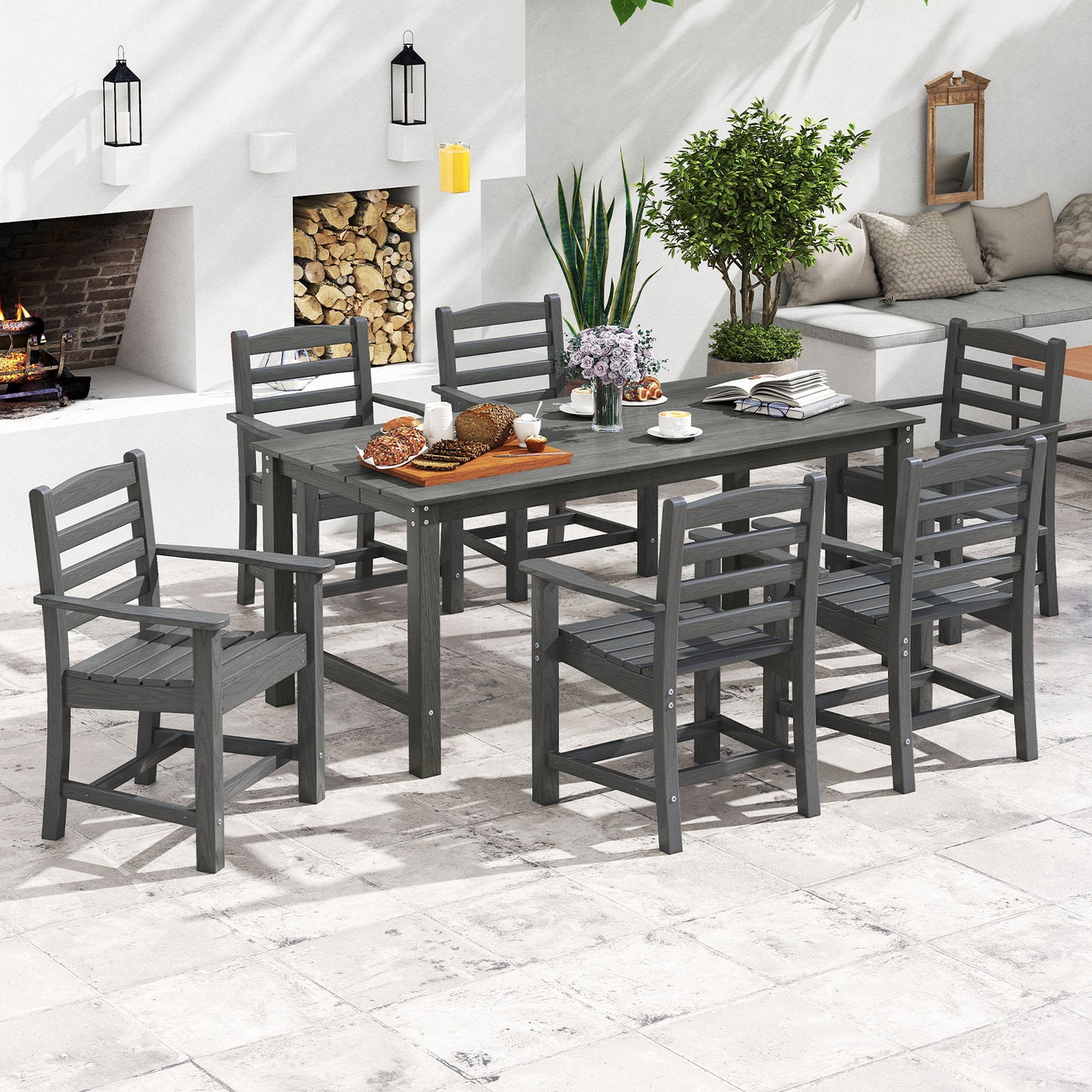 Gray 7-piece outdoor dining table set with 67-inch rectangle HDPE patio table and six armchairs, perfect for outdoor meals.