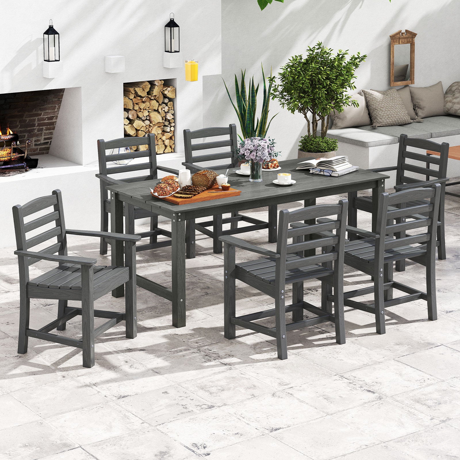 Gray 7-piece outdoor dining table set with 67-inch rectangle HDPE patio table and six armchairs, perfect for outdoor meals.