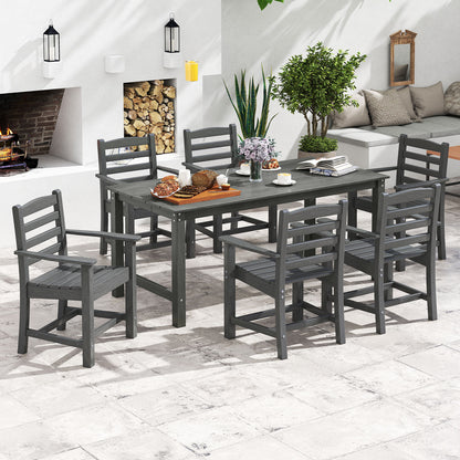 Gray 7-piece outdoor dining table set with 67-inch rectangle HDPE patio table and six armchairs, perfect for outdoor meals.