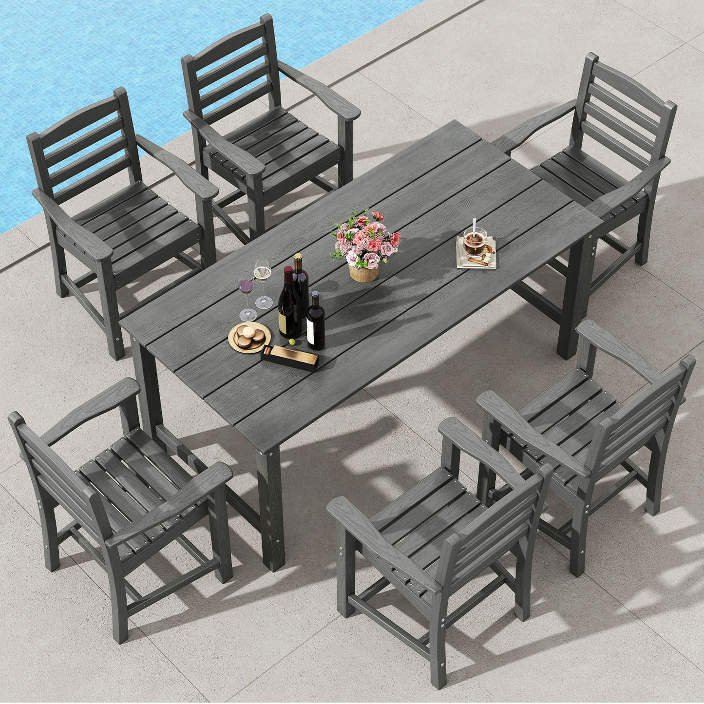 Gray 7-piece outdoor dining table set with a 67-inch rectangular HDPE patio table and six armchairs for six people.