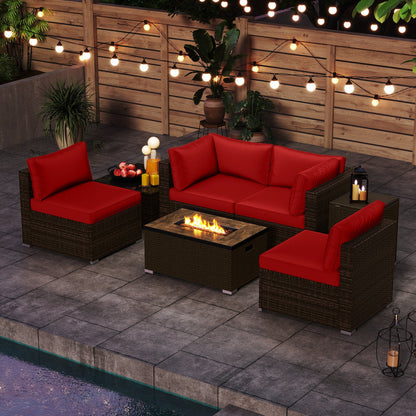 7 Pieces Outdoor Furniture Set with 32 Inch Fire Pit Table and Propane Tank Cover-Black