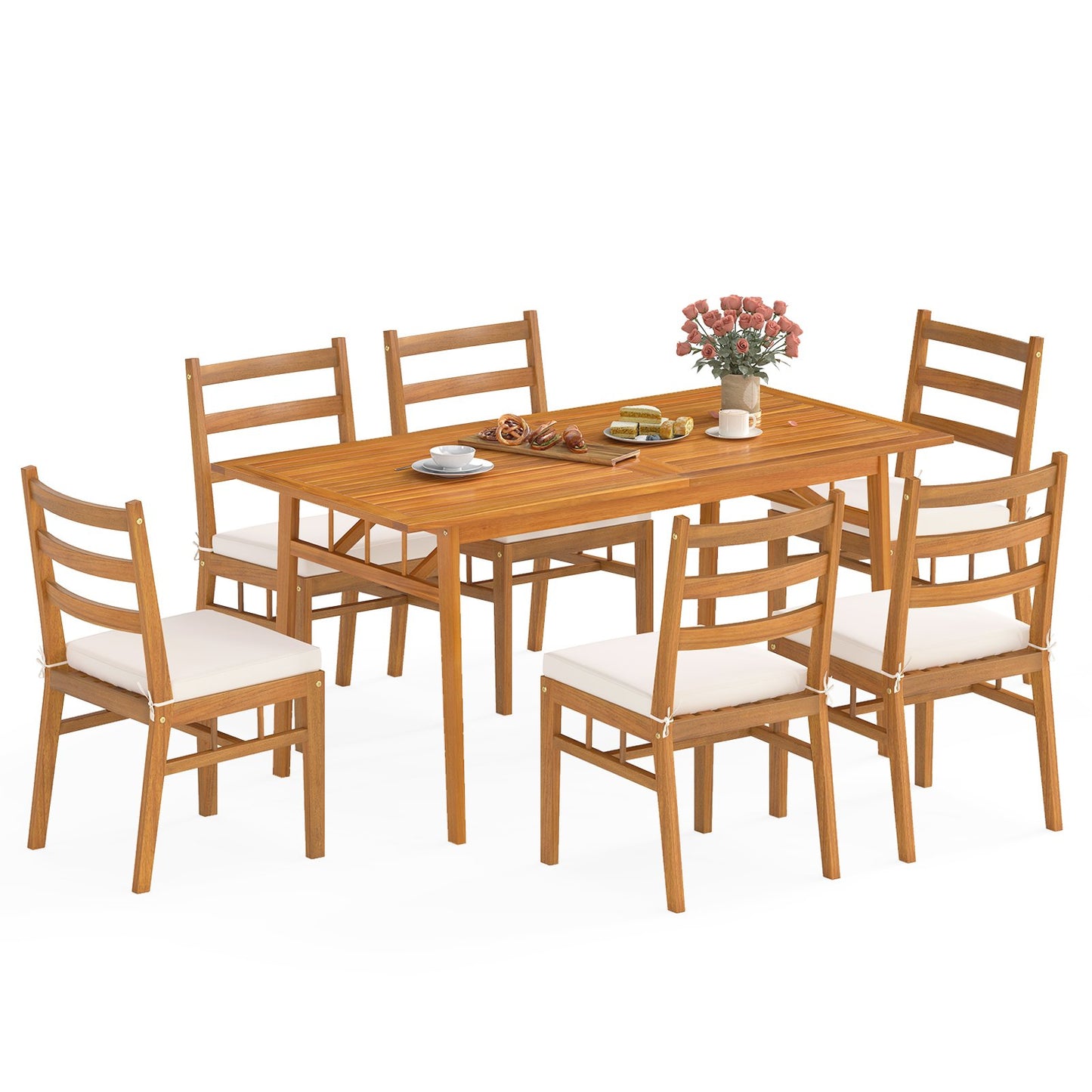 7 Pieces Patio Acacia Wood Dining Set Outdoor Rectangular Table and Chairs Set