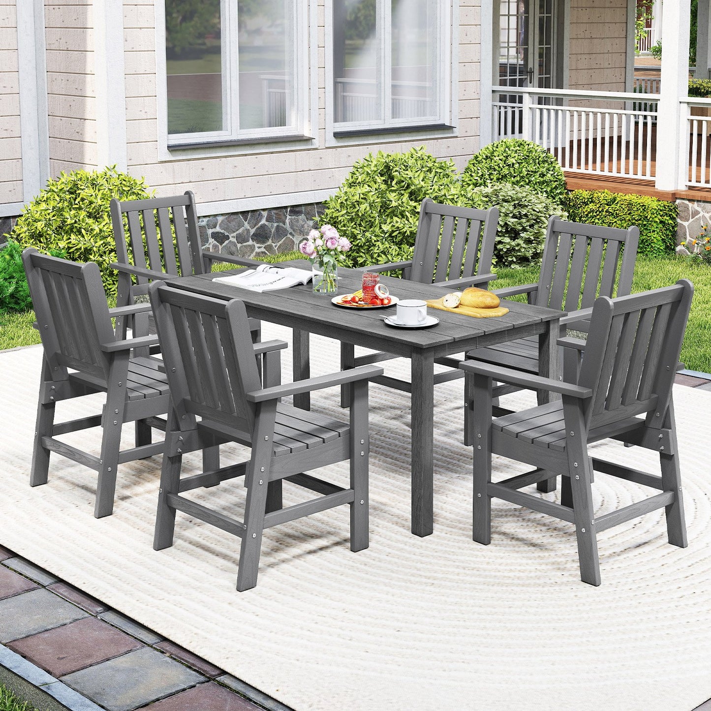 7 Pieces Patio Dining Set Outdoor HDPE Weather Resistant Table and Chairs Set-Black