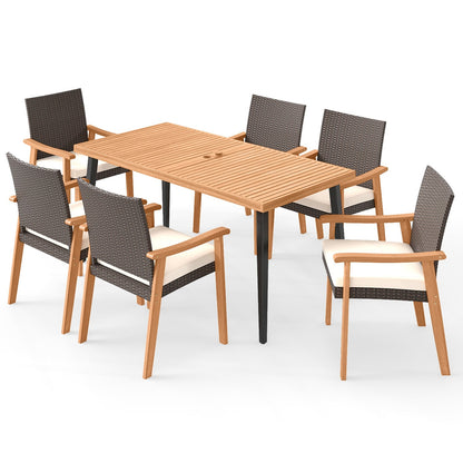 7-Pieces Patio Dining Table Set Acacia Wood Table and 6 Armchairs