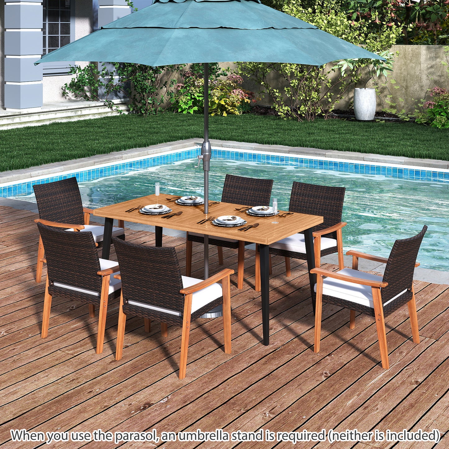 7-Pieces Patio Dining Table Set Acacia Wood Table and 6 Armchairs
