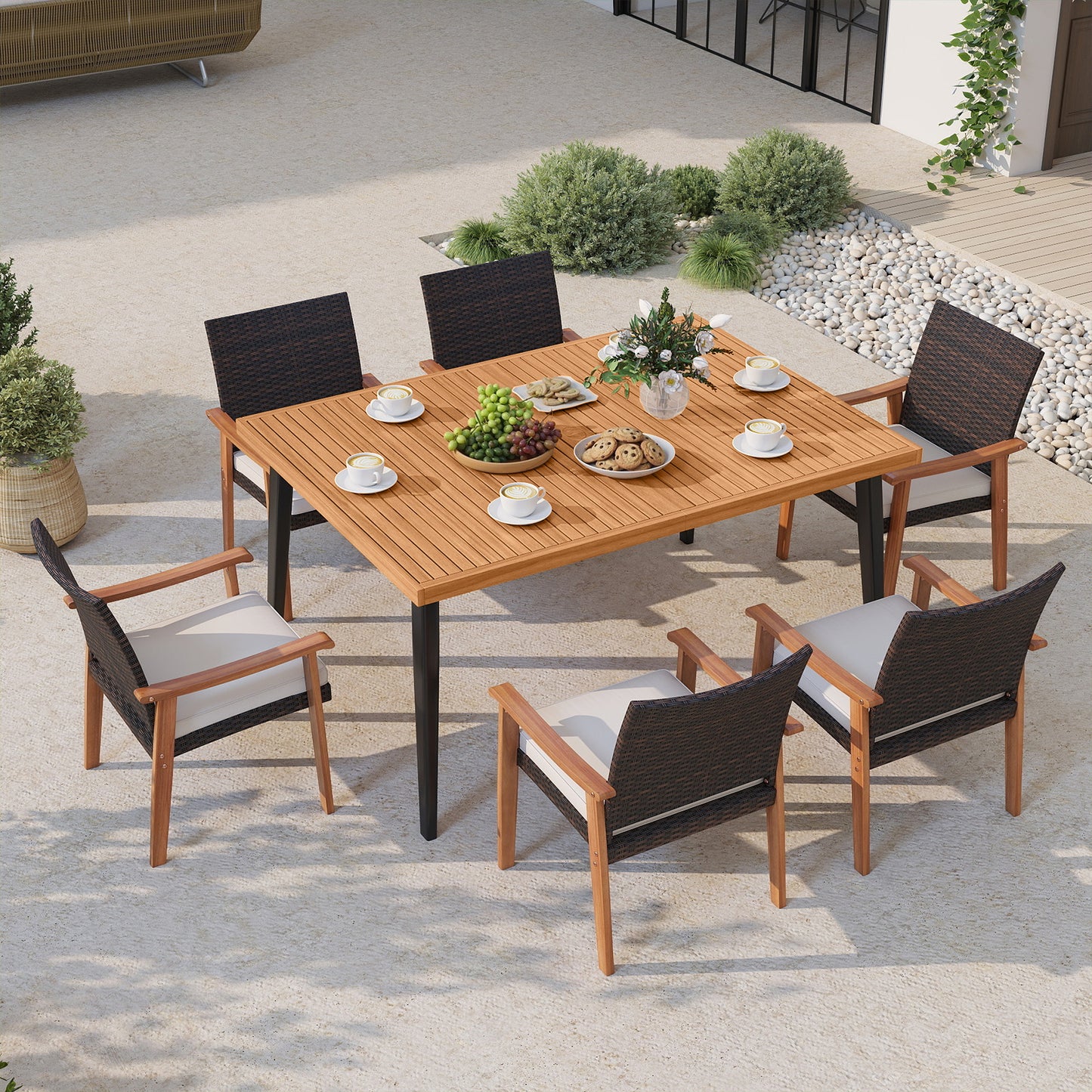 7-Pieces Patio Dining Table Set Acacia Wood Table and 6 Armchairs