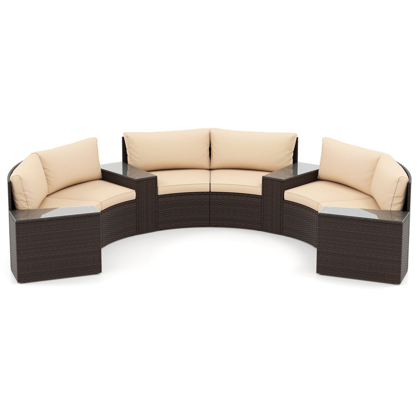 7 Pieces Patio Furniture Set PE Rattan Half-Moon Curved Sofas with Side Tables-brown
