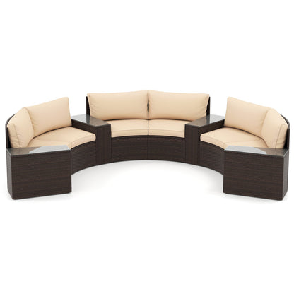 7 Pieces Patio Furniture Set PE Rattan Half-Moon Curved Sofas with Side Tables-brown