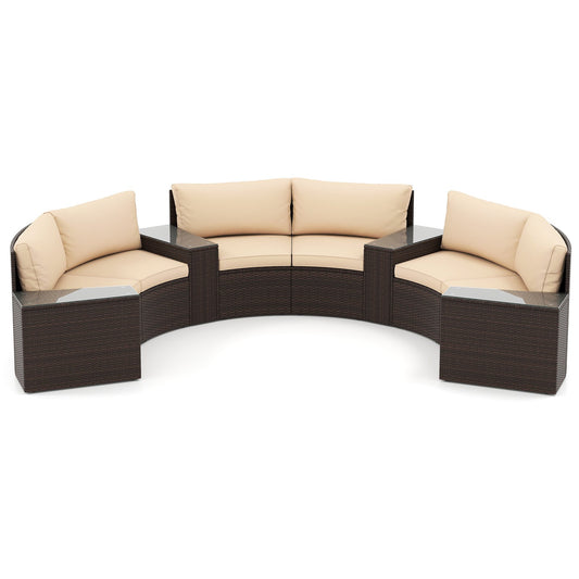 7 Pieces Patio Furniture Set PE Rattan Half-Moon Curved Sofas with Side Tables-brown