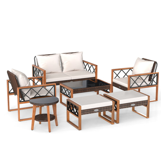 7 Pieces Patio Furniture Set PE Wicker Acacia Wood Outdoor Conversation Set