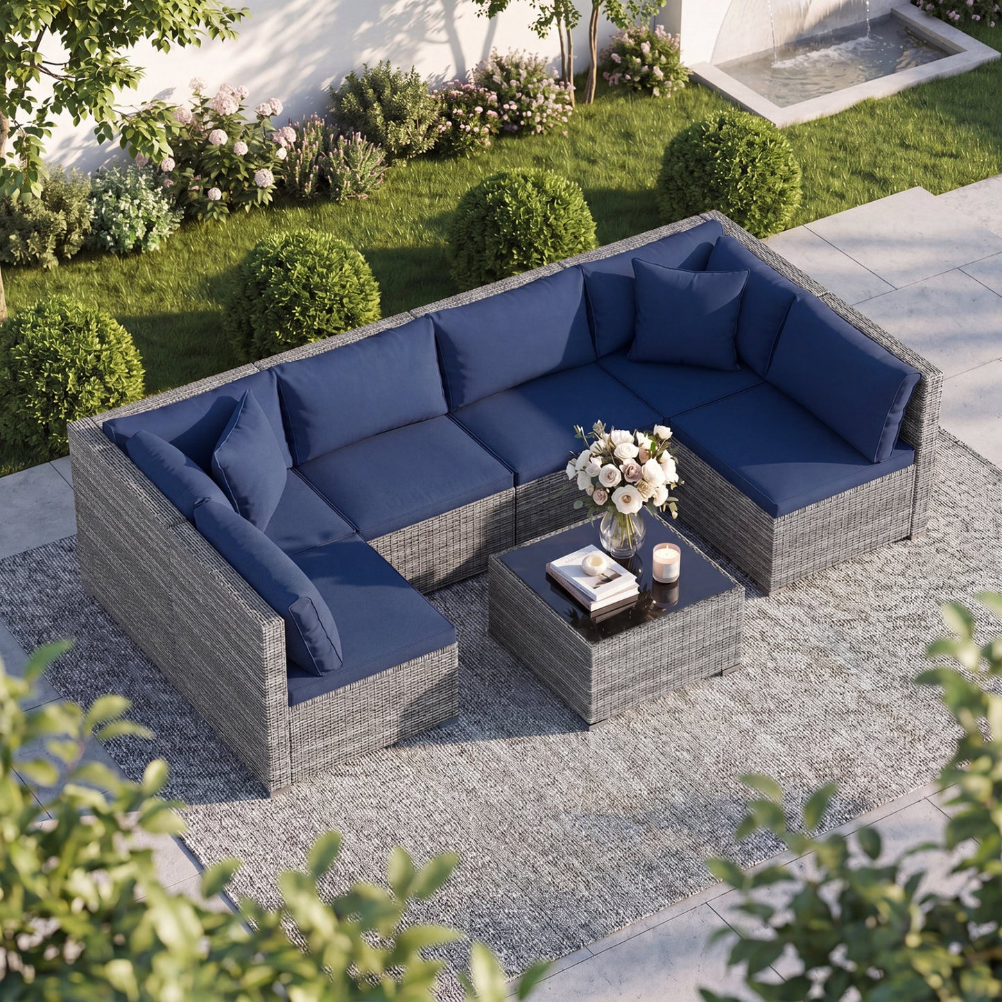 7 Pieces Patio Furniture Set PE Rattan Sectional Sofas with Tempered Glass Coffee Table-Navy