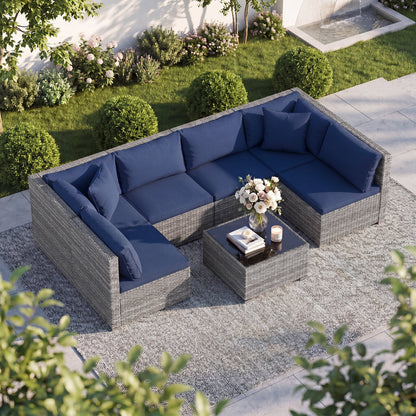 7 Pieces Patio Furniture Set PE Rattan Sectional Sofas with Tempered Glass Coffee Table-Navy