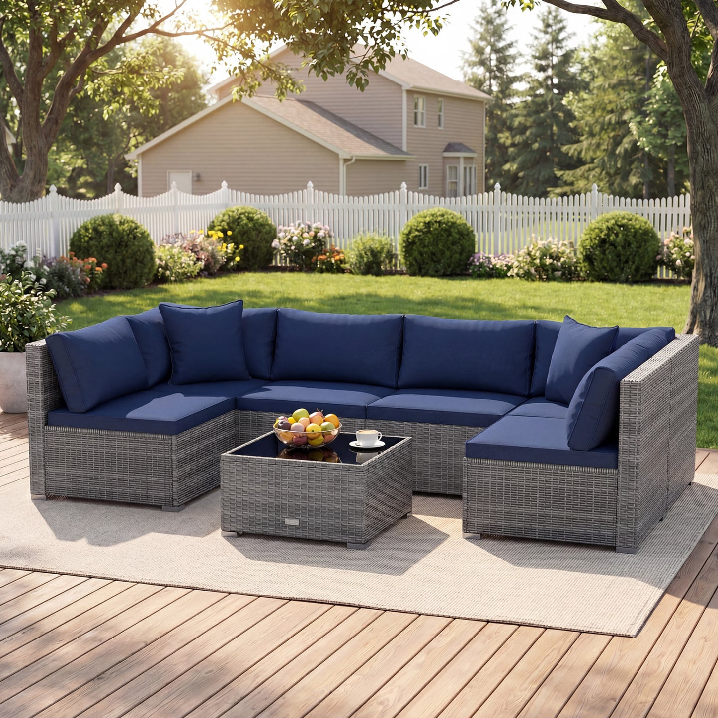 7 Pieces Patio Furniture Set PE Rattan Sectional Sofas with Tempered Glass Coffee Table-Navy