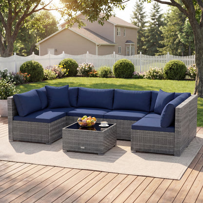 7 Pieces Patio Furniture Set PE Rattan Sectional Sofas with Tempered Glass Coffee Table-Navy