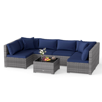 7 Pieces Patio Furniture Set PE Rattan Sectional Sofas with Tempered Glass Coffee Table-Navy