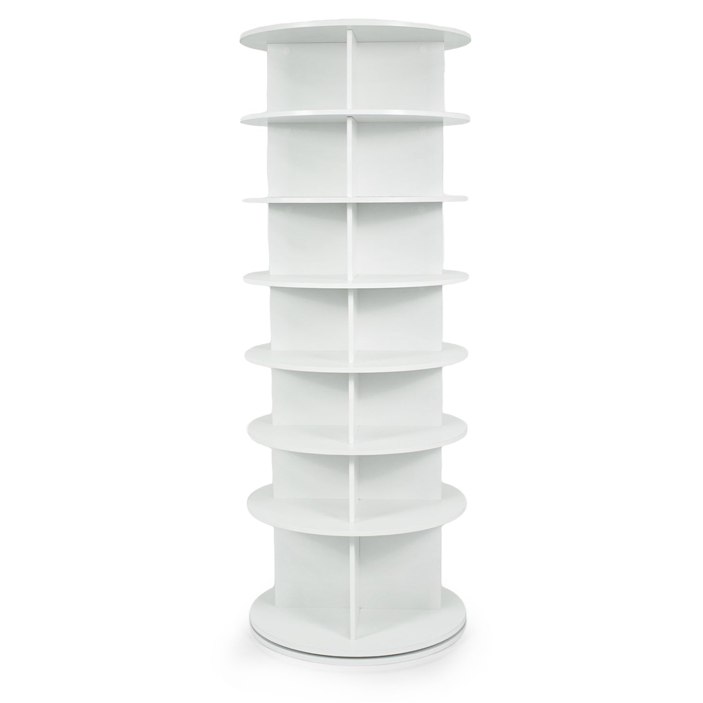 White 7-tier rotating shoe rack tower by Wilsons Home Store for organized, space-saving shoe storage in entryways.