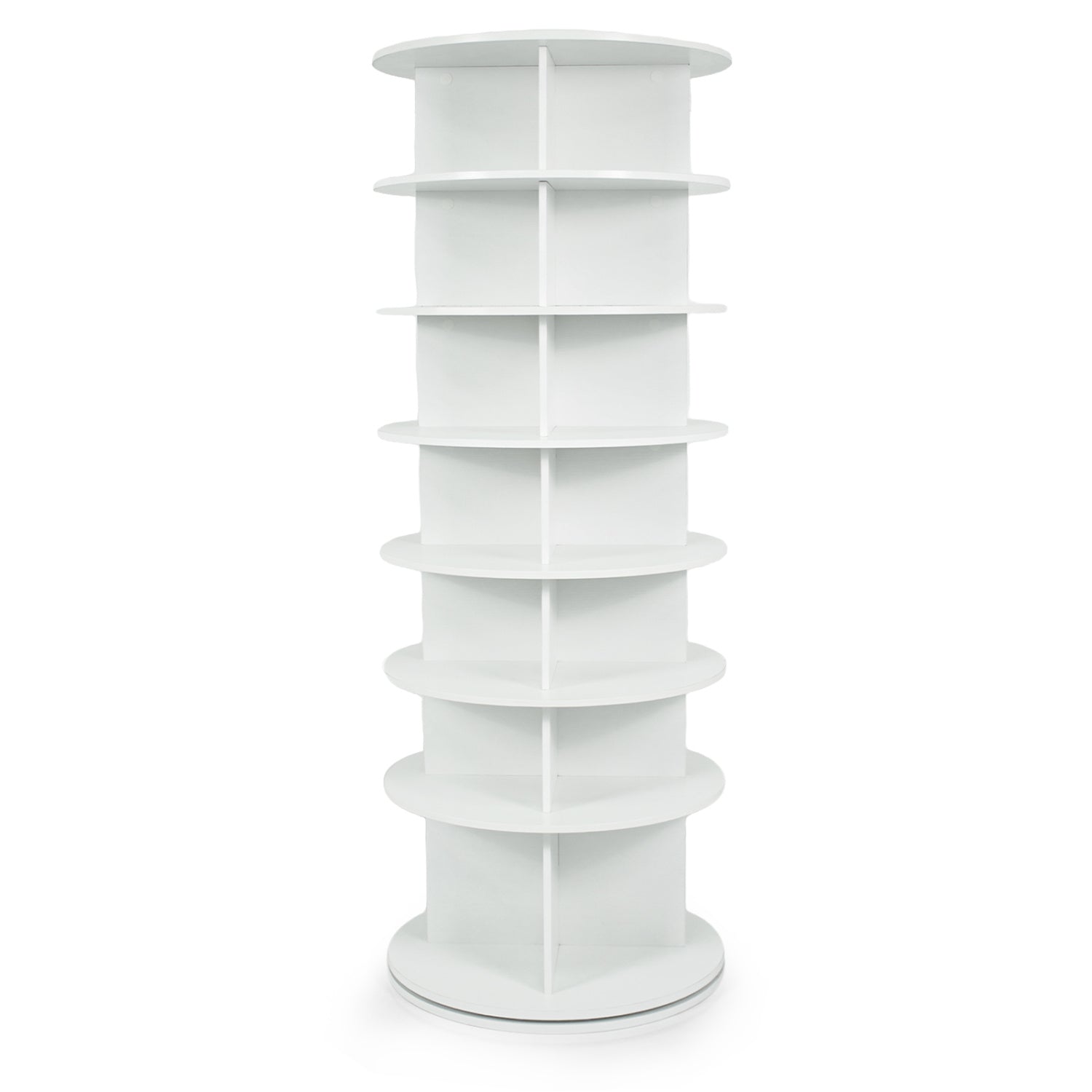 White 7-tier rotating shoe rack tower by Wilsons Home Store for organized, space-saving shoe storage in entryways.