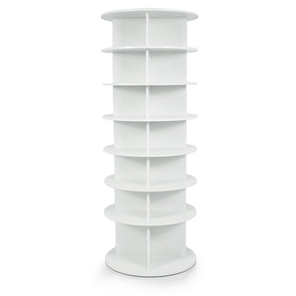 White 7-tier rotating shoe rack tower by Wilsons Home Store for organized, space-saving shoe storage in entryways.