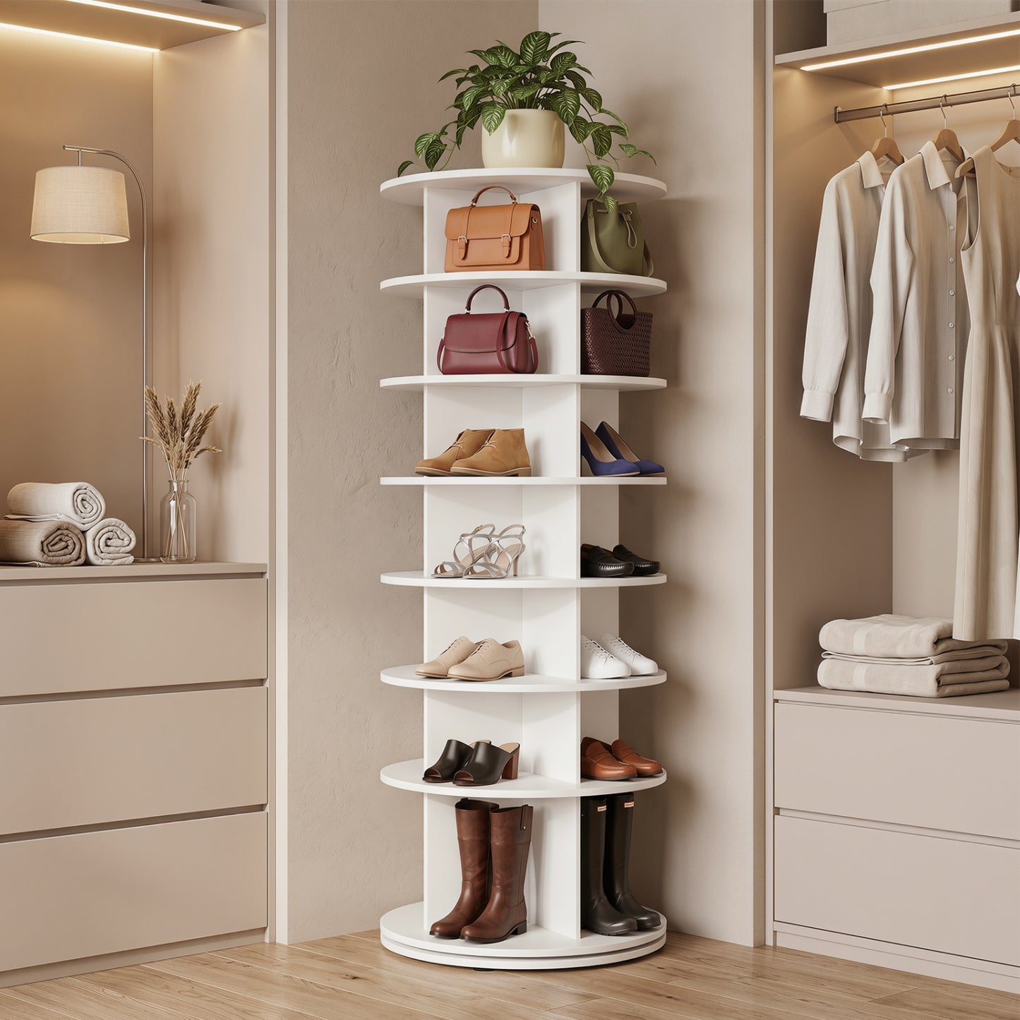 White 7-tier rotating shoe rack tower by Wilsons Home Store, freestanding shoe organizer with spinning design for entryway storage.